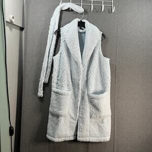 BumbleBella by Jill Martin Sherpa Shawl Collar Long Vest Baby Blue, X-Small